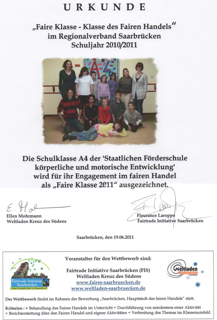 Urkunde "Faire Schulklasse 2011"